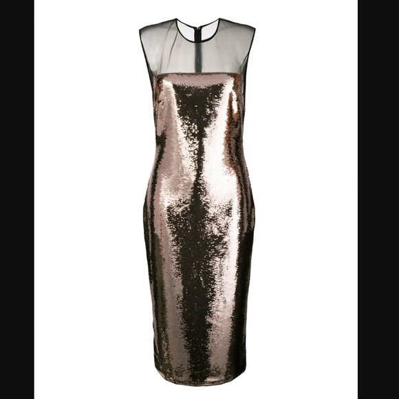 $4690 Tom Ford 2018 Black Gold Liquid Sequin Mesh Midi Dress size 8 - Picture 1 of 10